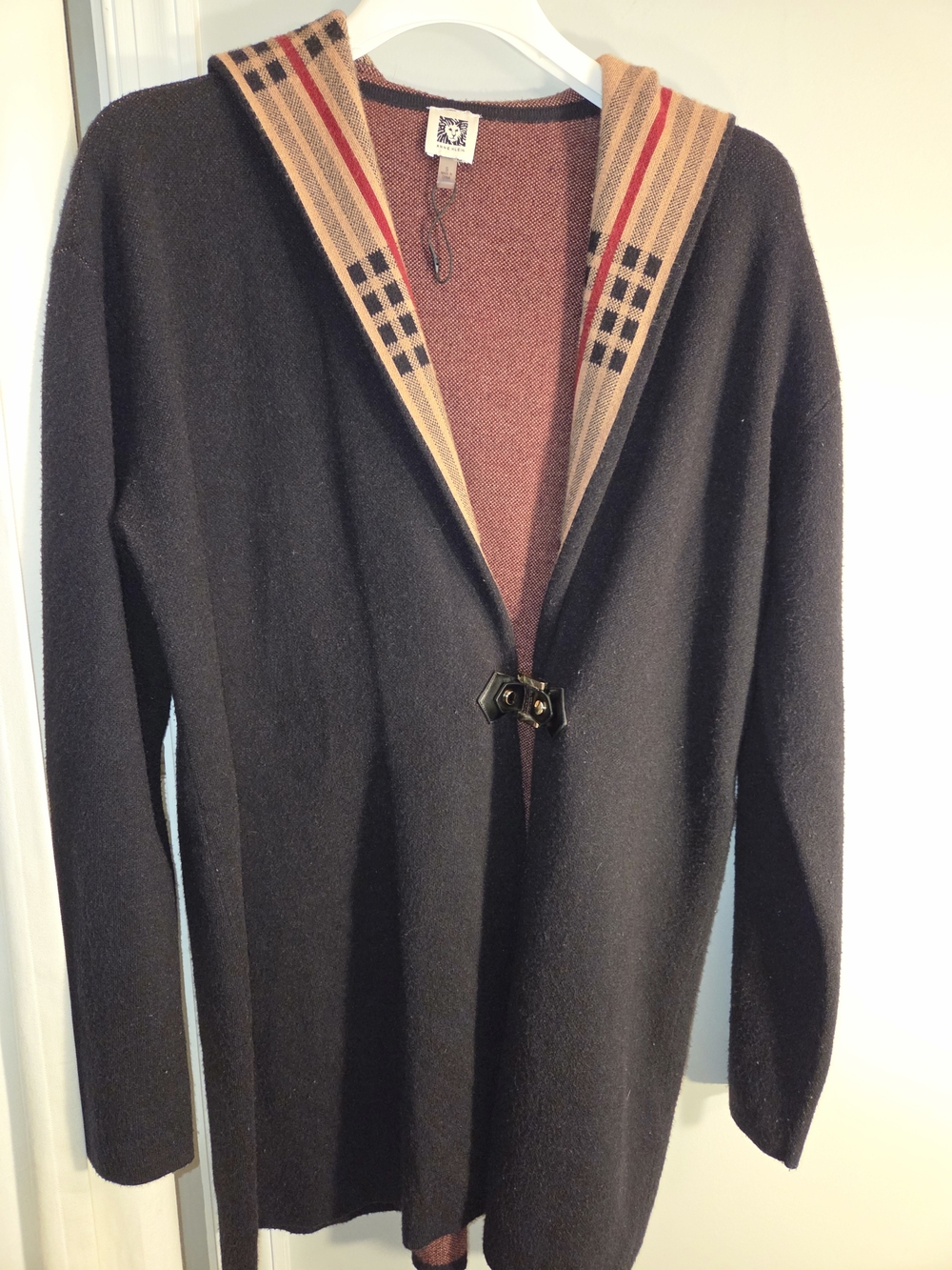 Anne Klein Black Cardigan with Tan Plaid-Trim Hood